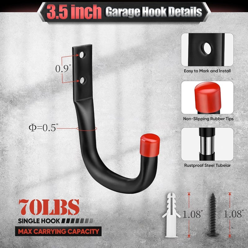 Nacial 10 Pack Garage Hooks Heavy Duty, 15" & 3.5" Kayak Storage Hooks with EVA Pads, 100LBS Capacity Large Garage Hooks for Hanging Bikes, Kayak Folding Chairs and Hanging Ladders - Image 4
